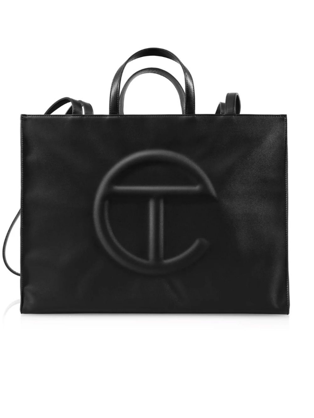 Black Leather Telfar Tote with Embossed Interlocking TC Logo